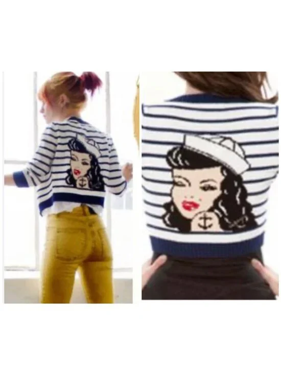 Betsey Johnson 2011 Sailor Girl Intarsia Nautical Cardigan Sweater Sz M w/FLAW - Picture 3 of 12